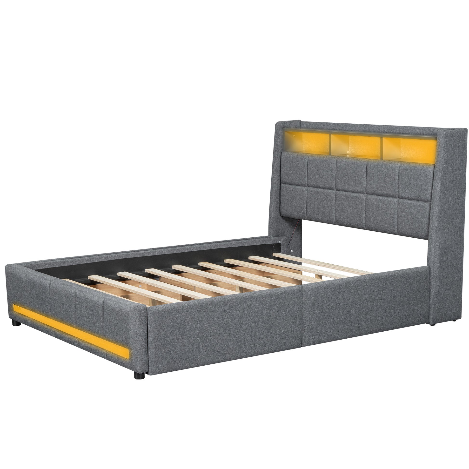 Full Size Upholstered Platform Bed With Storage Headboard, Led, Usb Charging And 4 Drawers, Gray Full Box Spring Not Required Gray Wood Linen Upholstered