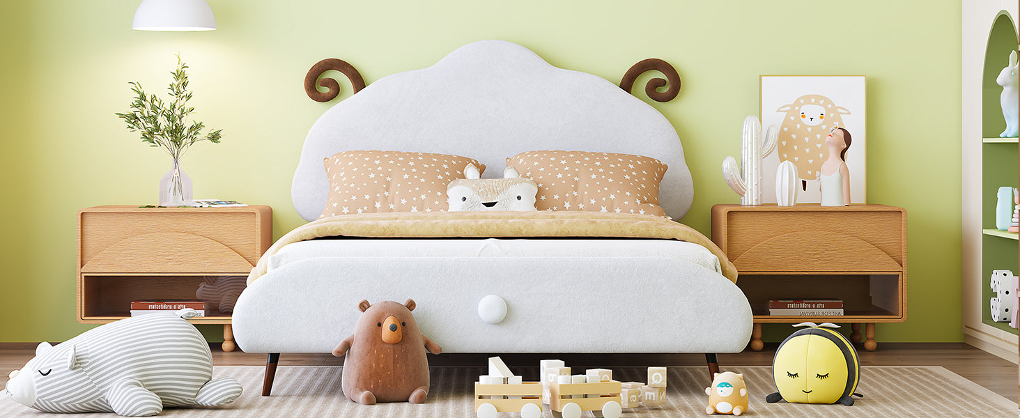 Full Size Upholstered Platform Bed With Sheep Shaped Headboard, White Full White Plywood