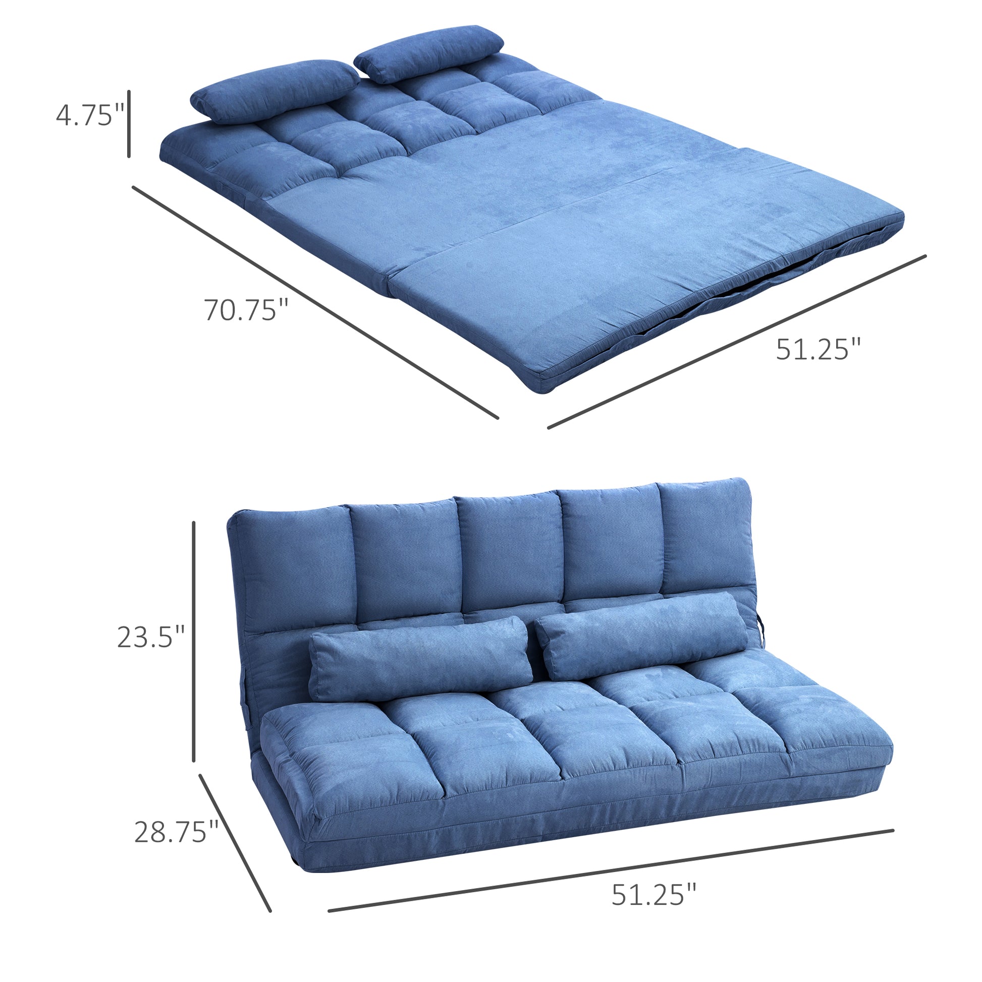 Homcom Convertible Floor Sofa Chair, Folding Couch Bed, Guest Chaise Lounge With 2 Pillows, Adjustable Backrest And Headrest, 51.25" L, Blue Blue Polyester