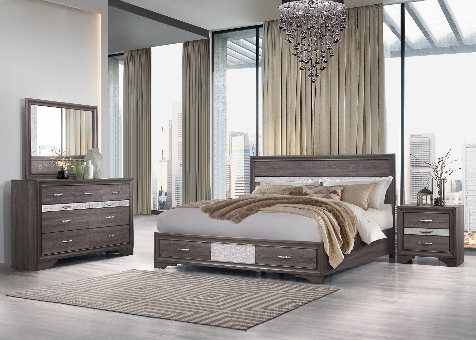 Ryder Sparkle Grey Queen Bed Gray Solid Wood Mdf