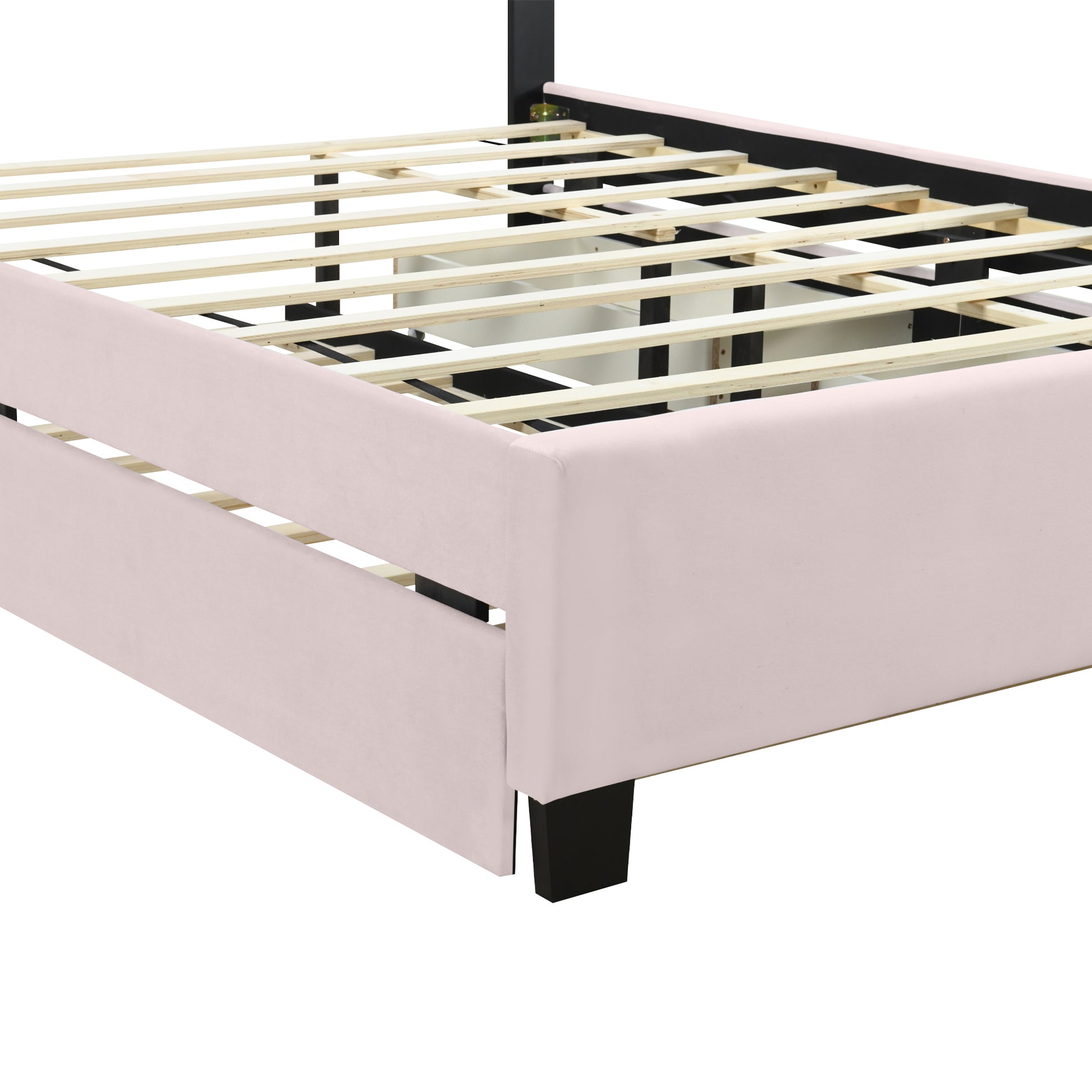 Queen Size Upholstered Platform Bed With 2 Drawers And 1 Trundle, Classic Metal Strip Headboard Design, Pink Queen Pink Mdf Lvl