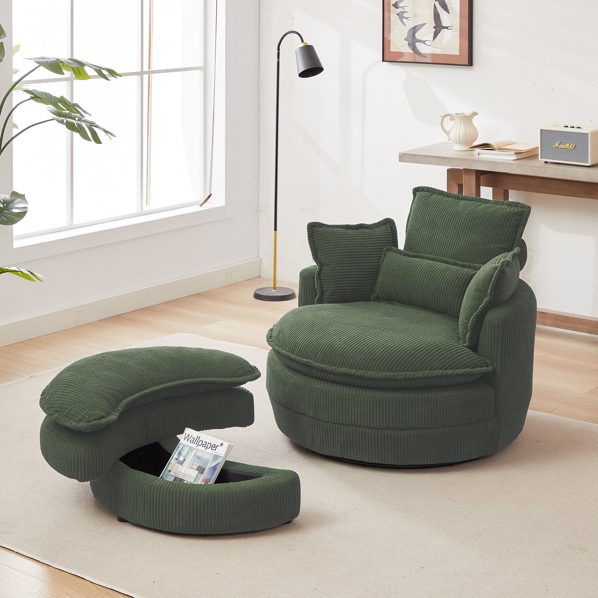 38"W Oversized Swivel Chair With Moon Storage Ottoman For Living Room, Modern Accent Round Loveseat Circle Swivel Barrel Chairs For Bedroom Cuddle Sofa Chair Lounger Armchair, 4 Pillows,Corduroy Green Foam Corduroy 1 Seat