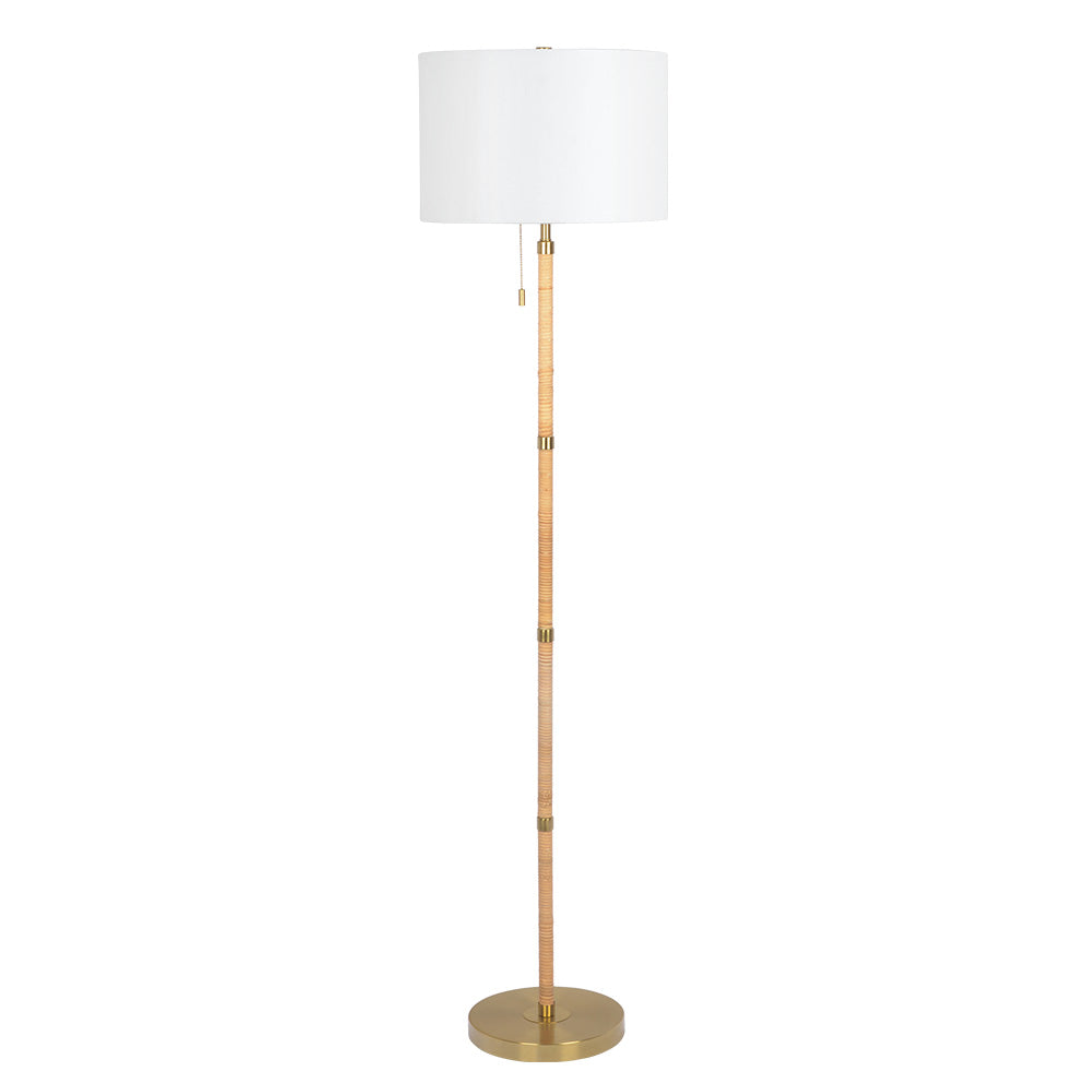 Stellar Wood Rattan Tubegold Brass Metal And White Linen Shade Floor Lamp Gold,Rattan,White Table&Floor Lamps Brass,Linen,Rattan