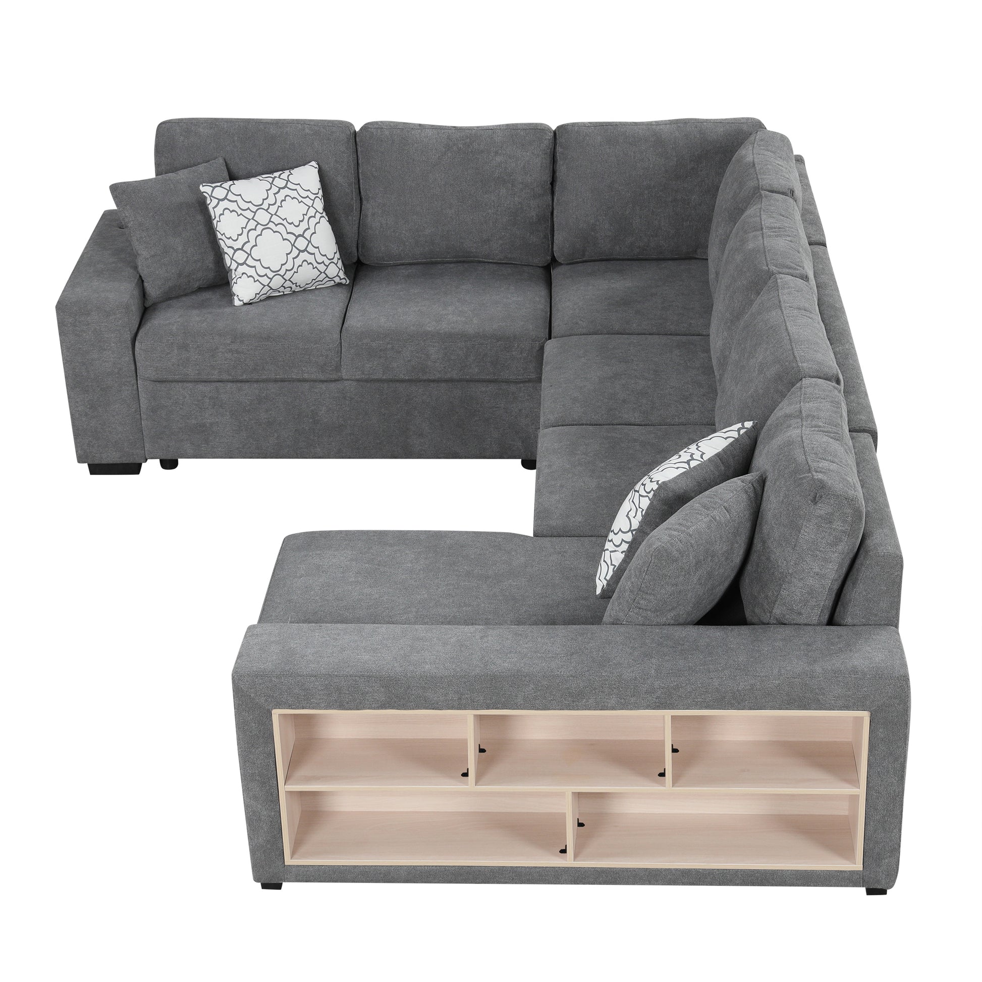 109" U Shaped Sectional Sofa Pull Out Sofa Bed With Two Usb Ports, A Storage Chaise Lounge And Four Back Pillows For Living Room, Grey Grey Foam Chenille 5 Seat