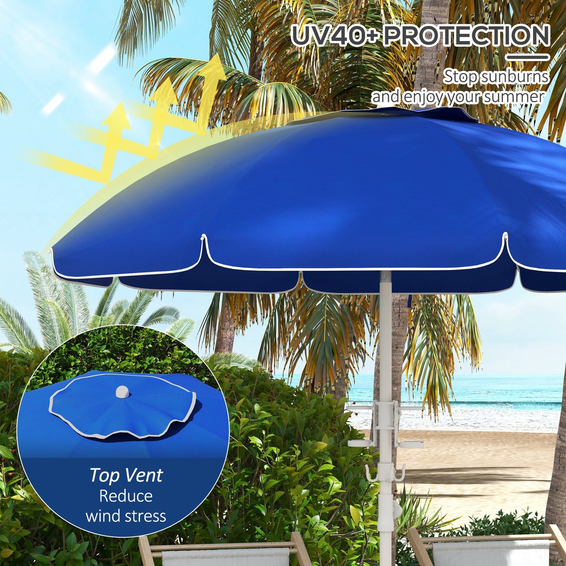 Outsunny 5.7' Portable Beach Umbrella With Tilt, Adjustable Height, 2 Cup Holders & Hooks, Uv 40 Ruffled Outdoor Umbrella With Vented Canopy, Blue Blue Polyester