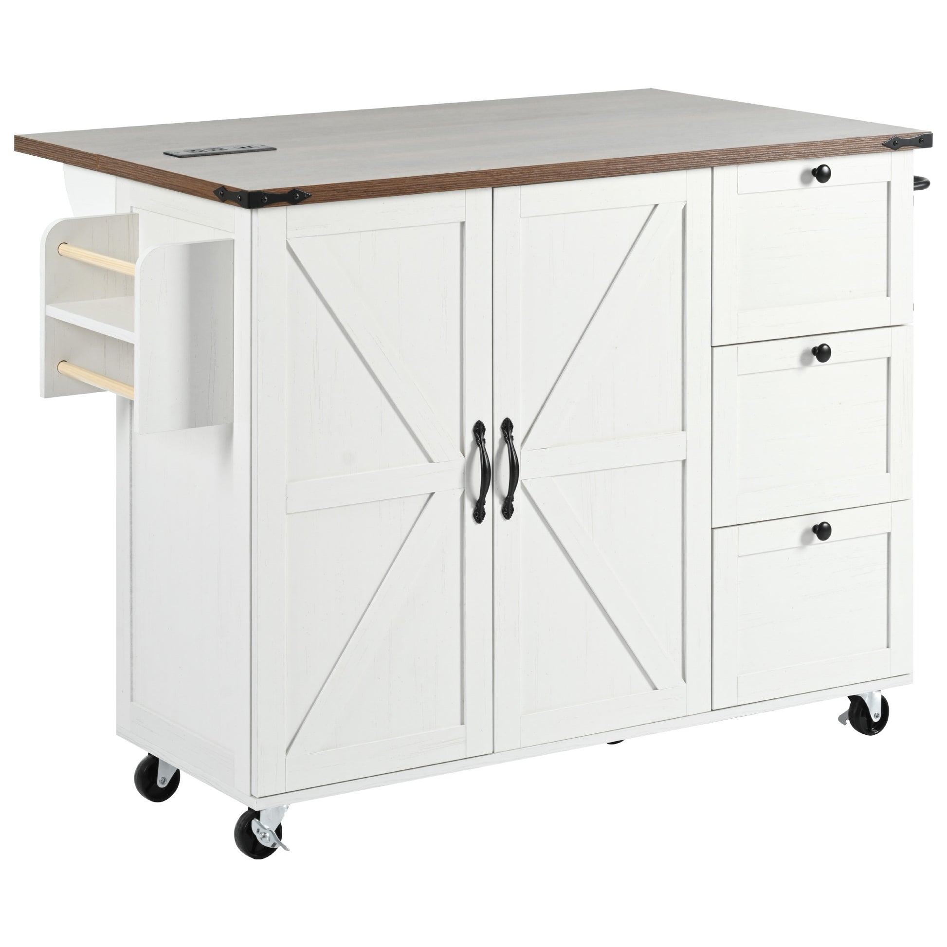 K&K 54.5" Farmhouse Kitchen Island With Power Outlet, Kitchen Storage Island With Internal Storage Rack, Drop Leaf, Spice Rack, Rolling Kitchen Cart On Wheels, For Home, Kitchen And Dining