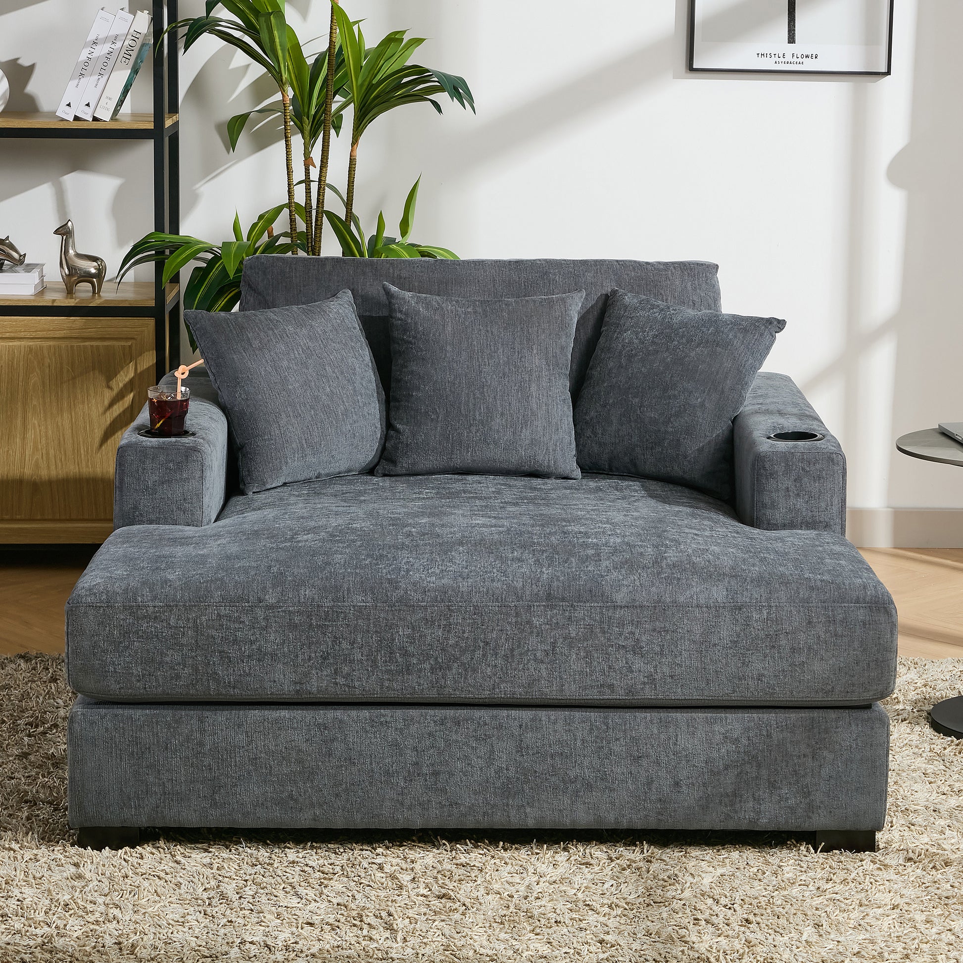 55" Oversized Chaise Lounger Modern Style Sofa Couch ,With Pillows, Charge Station & Cup Holders, Chenille Fabric, Blue Gray Blue Gray Chenille