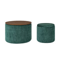 2 Piece Set Round Chenille Storage Ottoman, Equipped With A Drum Shaped Small Stool, Storage Space, And Mdf Made Desktop Panel Dark Green23.62