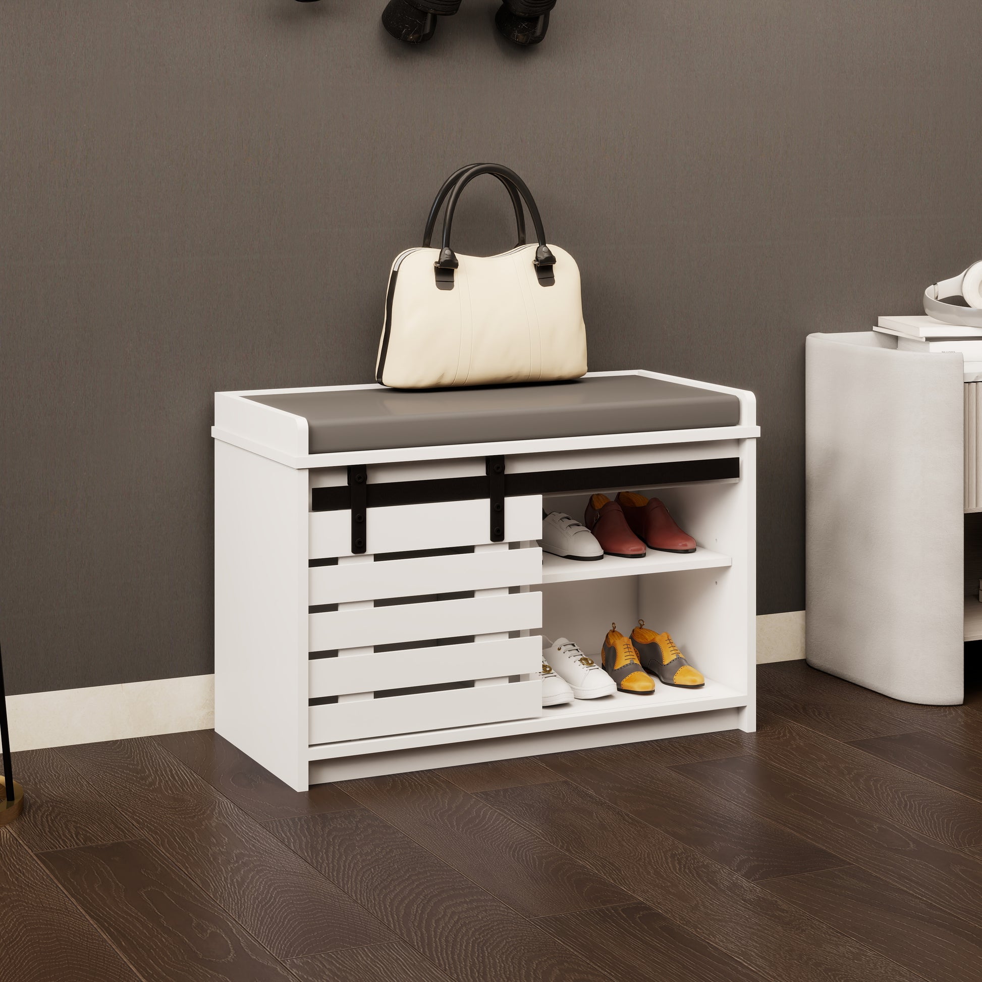 Modern Shoe Storage Bench, 2 Tier Entryway Bench With Sliding Barn Door & 2 Adjustable Shelves & Full Soft Removable Seat Cushion For Entryway, Hallway, Bedroom White White Mdf