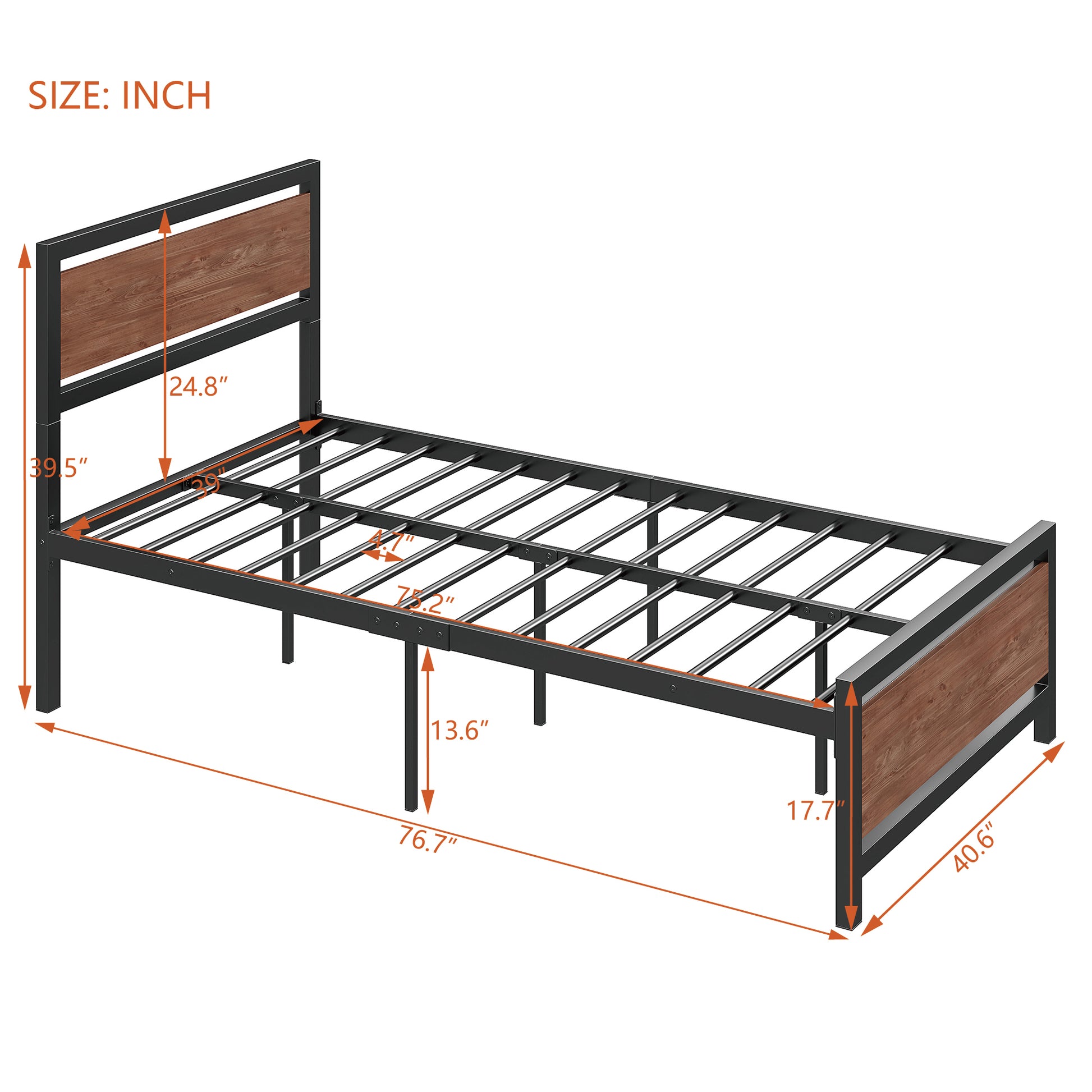 Twin Size Platform Bed, Metal And Wood Bed Frame With Headboard And Footboard, Black Black Metal & Wood