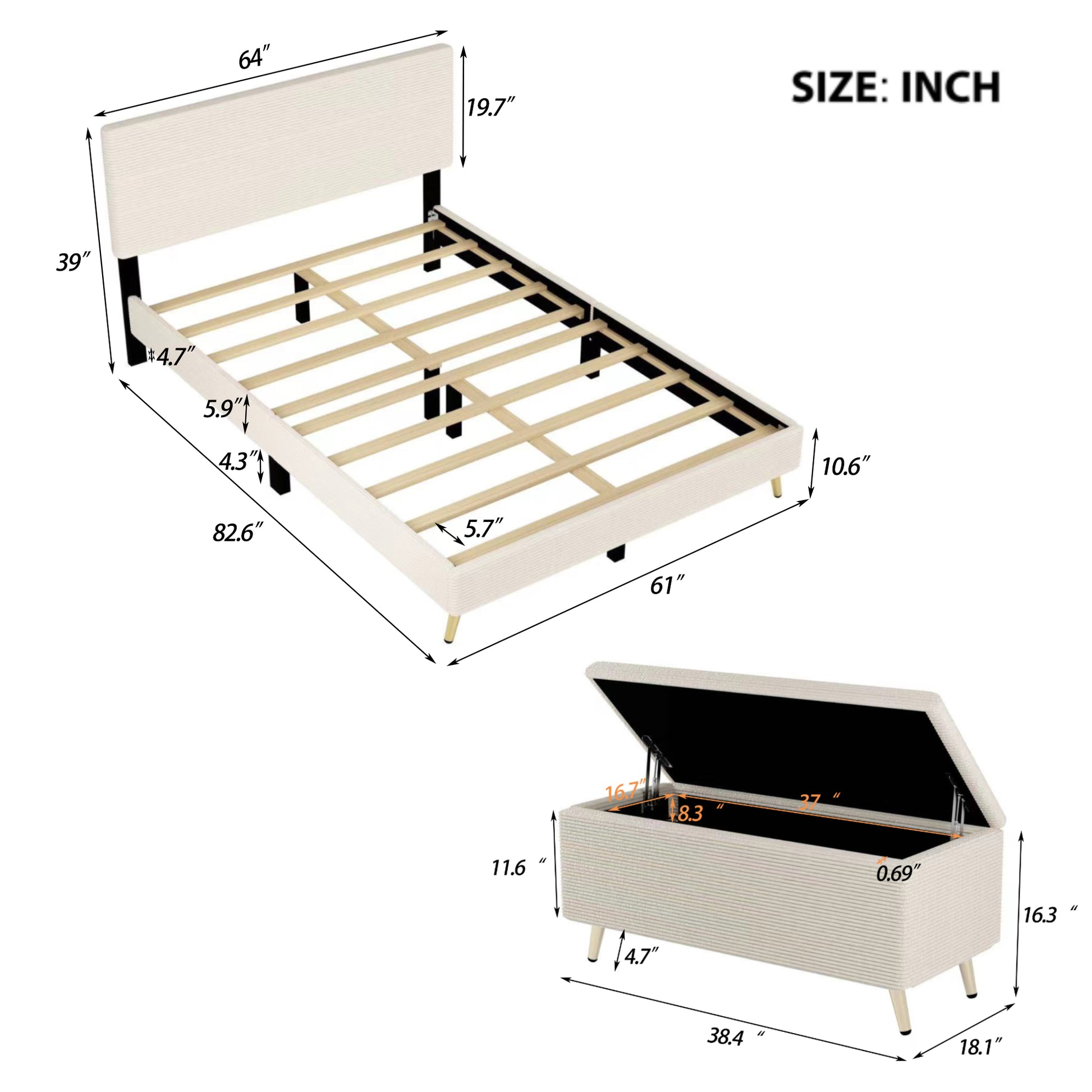2 Pieces Bedroom Sets Queen Size Upholstered Bed Frame, Modern Corduroy Storage Ottoman,Beige Queen Beige 2 Piece Set Solid Wood Mdf