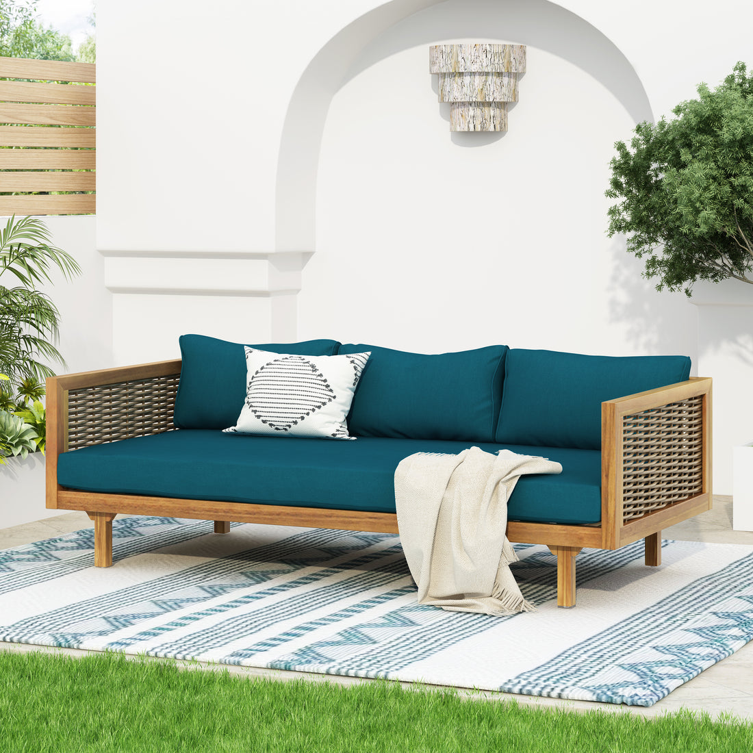 Claremont 3 Seater Daybed With Rattan Arms Teak Cushion Teak Wood Fabric Rattan