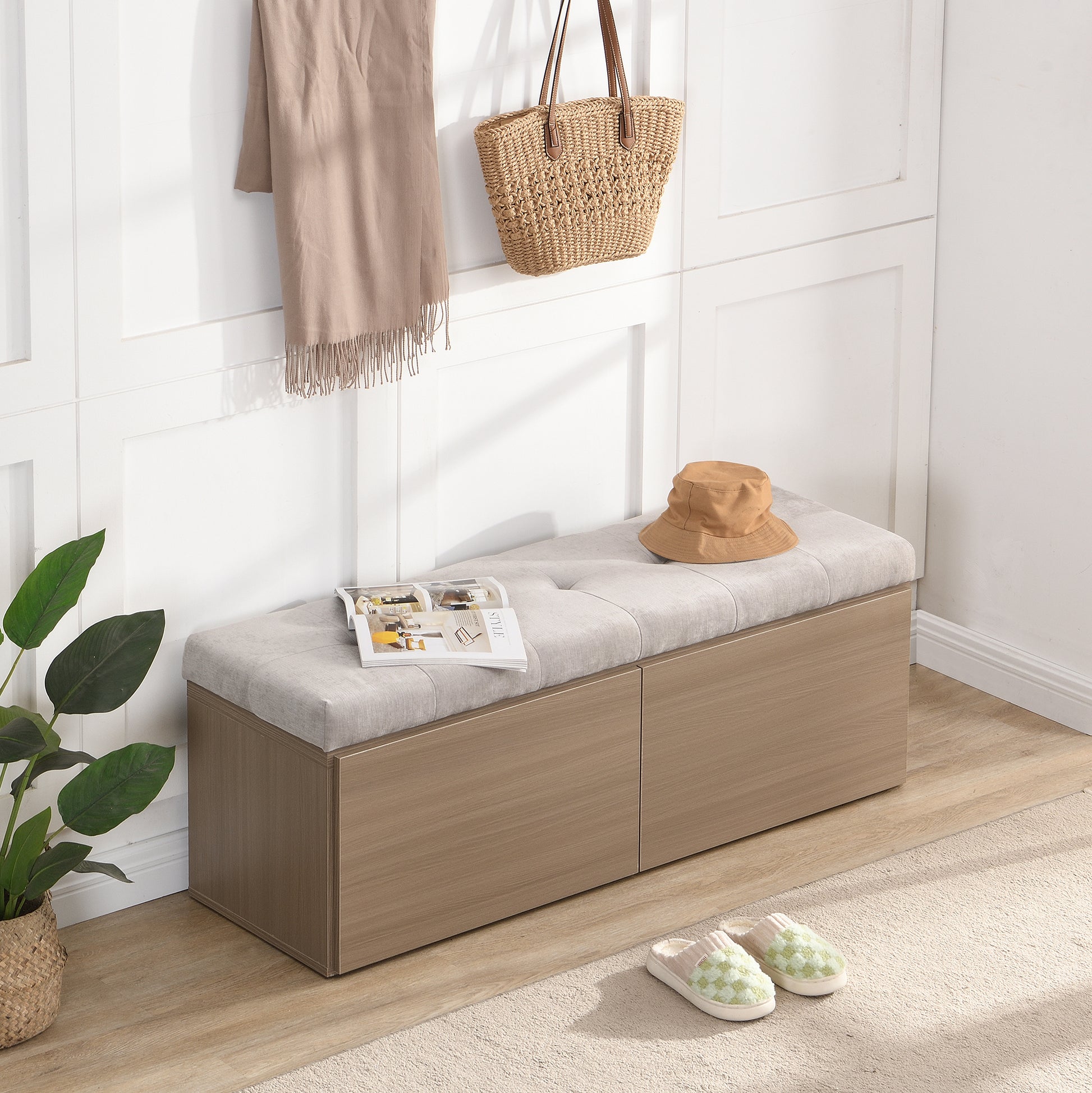 49" Shoe Storage Bench Entryway Shoe Cabinet Storage Ottoman With Padded Seat Cushion And Double Doors For Entryway, Hallway And Bedroom, Light Grey Cushioned Light Grey Chenille Solid Shoe Storage