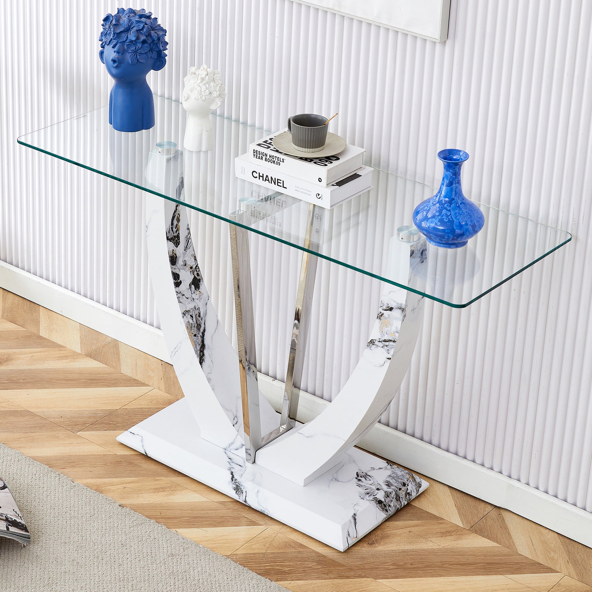 Modern Minimalist Rectangular Glass Table With 0.39 "Tempered Glass Top And Mdf White Patterned Sticker Legs For Entrance And Living Room. Transparent Glass