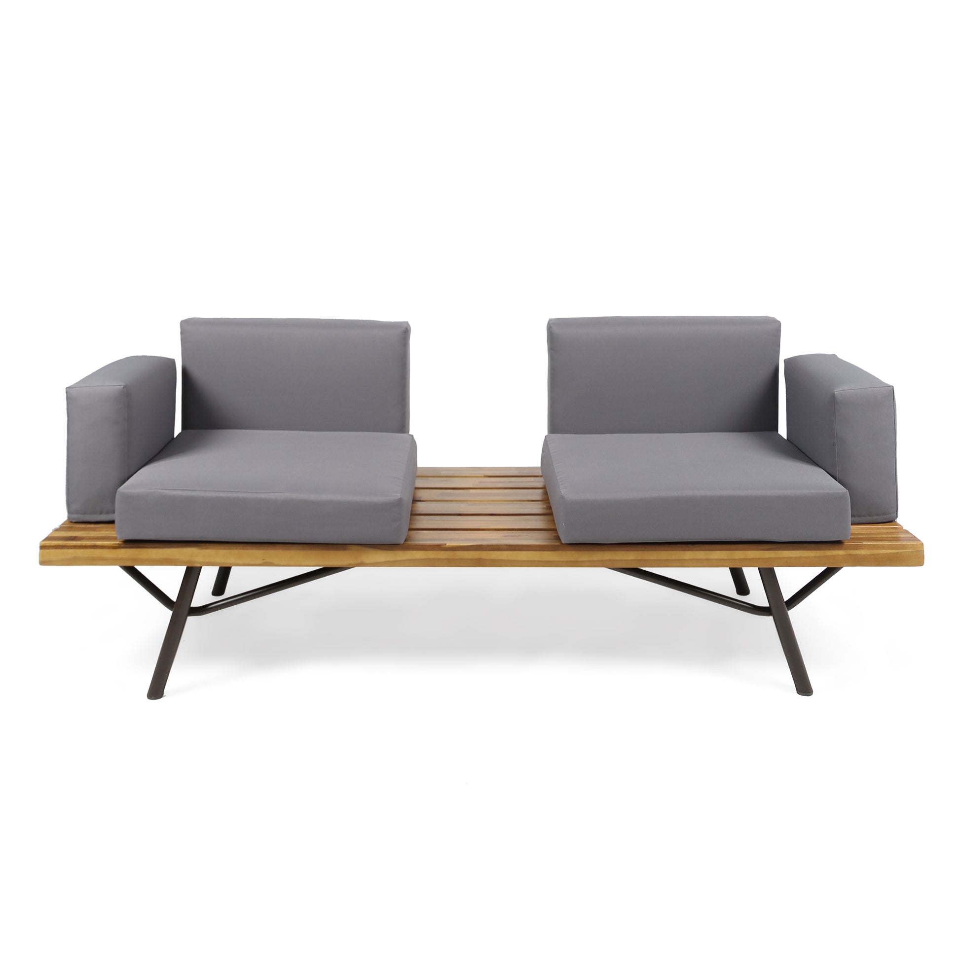 Canoga Outdoor Industrial Loveseat With Coffee Table Natural Grey Fabric