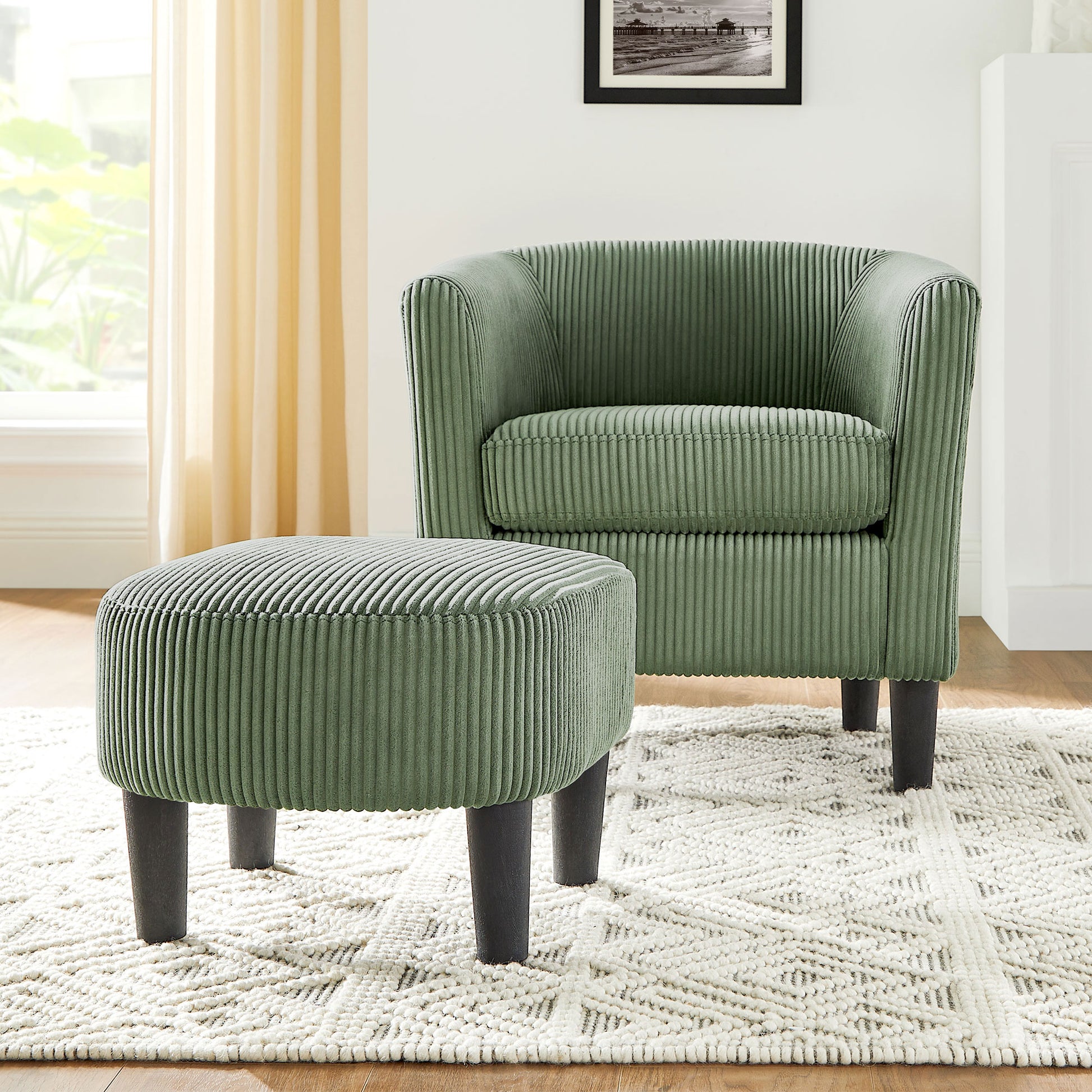 Modern Accent Chair,Upholstered Arm Chair Corduroy Single Sofa Chair With Ottoman Foot Rest Comfy Armchair For Living Room Bedroom And Office,Green Green Corduroy