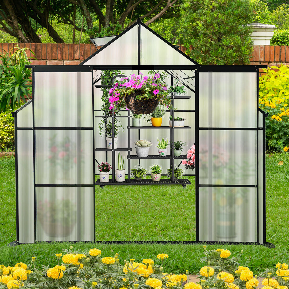 8X10Ft Double Door Polycarbonate Greenhouse Raised Base And Anchor Aluminum Heavy Duty Walk In Greenhouses For Outdoor Backyard In All Season,Black Black Aluminium