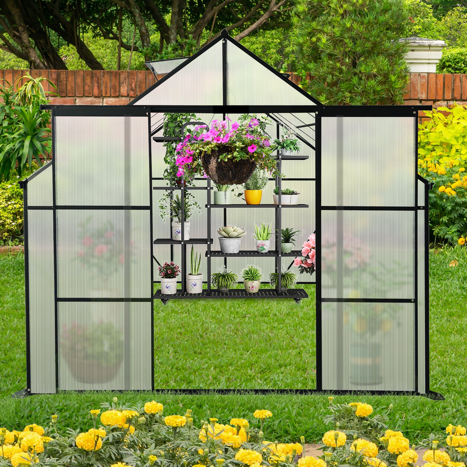 8X10Ft Double Door Polycarbonate Greenhouse Raised Base And Anchor Aluminum Heavy Duty Walk In Greenhouses For Outdoor Backyard In All Season,Black Black Aluminium