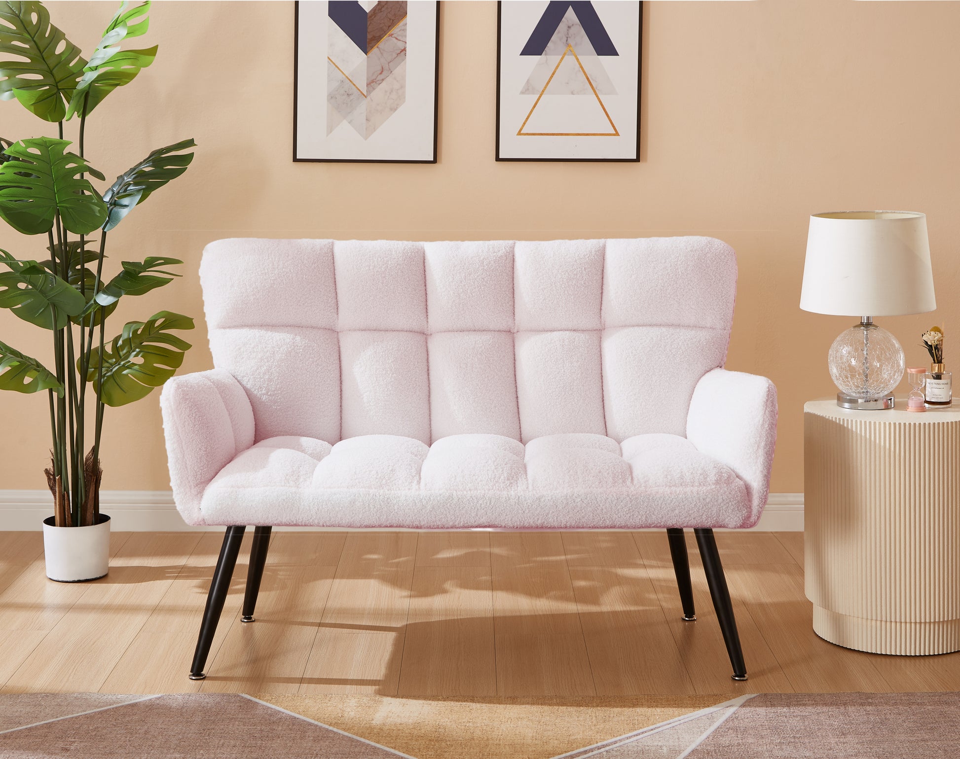 52'' Small Loveseat Sofa, Couch 2 Seater With Quilting Backs For Living Room, Bedroom And Small Space Color:Pink Pink Teddy