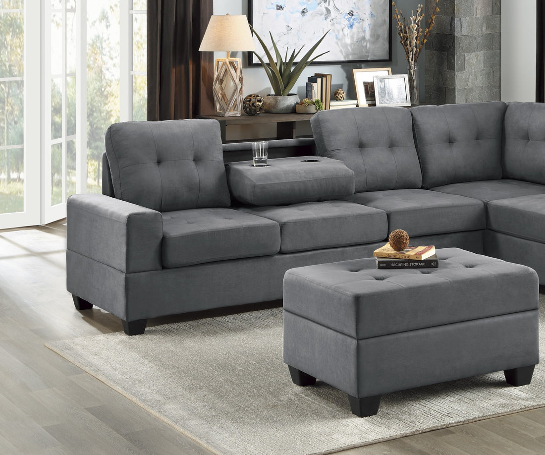 Modern Living Room 3 Piece Sectional Reversible Sofa Chaise Storage Ottoman Tufted Detail Dark Gray Microfiber Upholstered Drop Down Cup Holder Solid Wood Frame Furniture Dark Gray Microfiber Wood