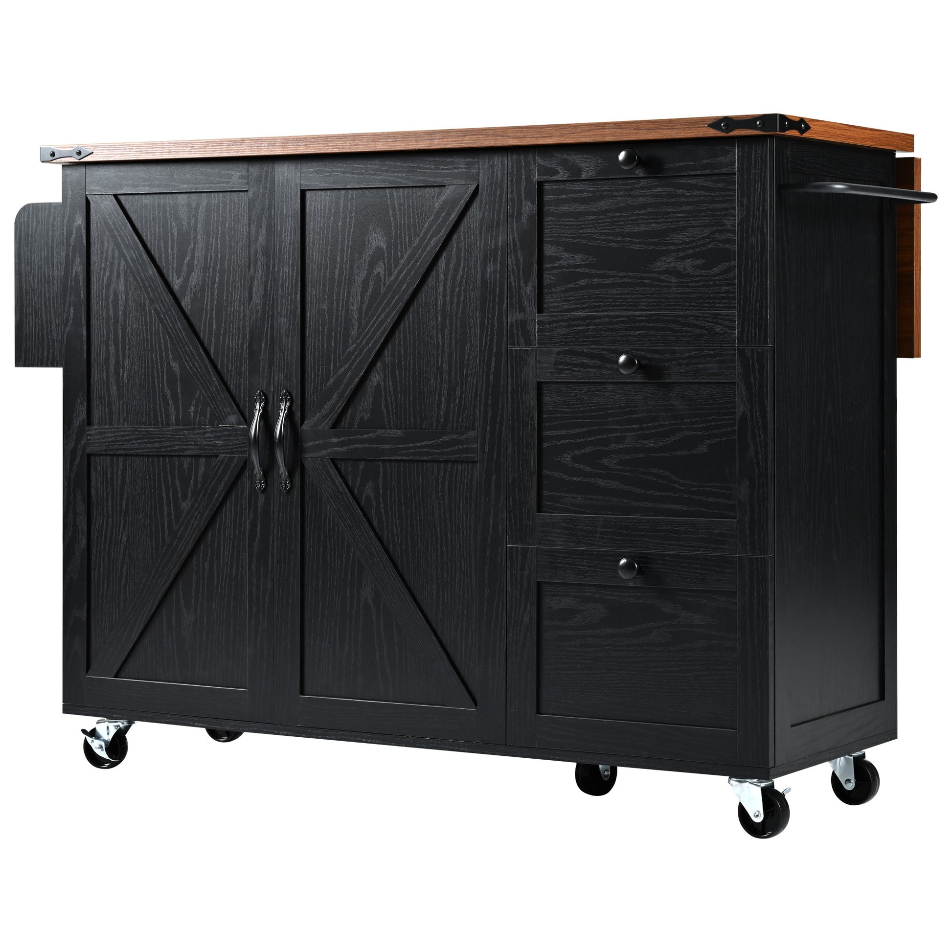 K&K 54.5" Farmhouse Kitchen Island With Power Outlet, Kitchen Storage Island With Internal Storage Rack, Drop Leaf, Spice Rack, Rolling Kitchen Cart On Wheels, For Home, Kitchen And Dining Room,Black Black Brown Kitchen Classic,Farmhouse,Luxury,Modern