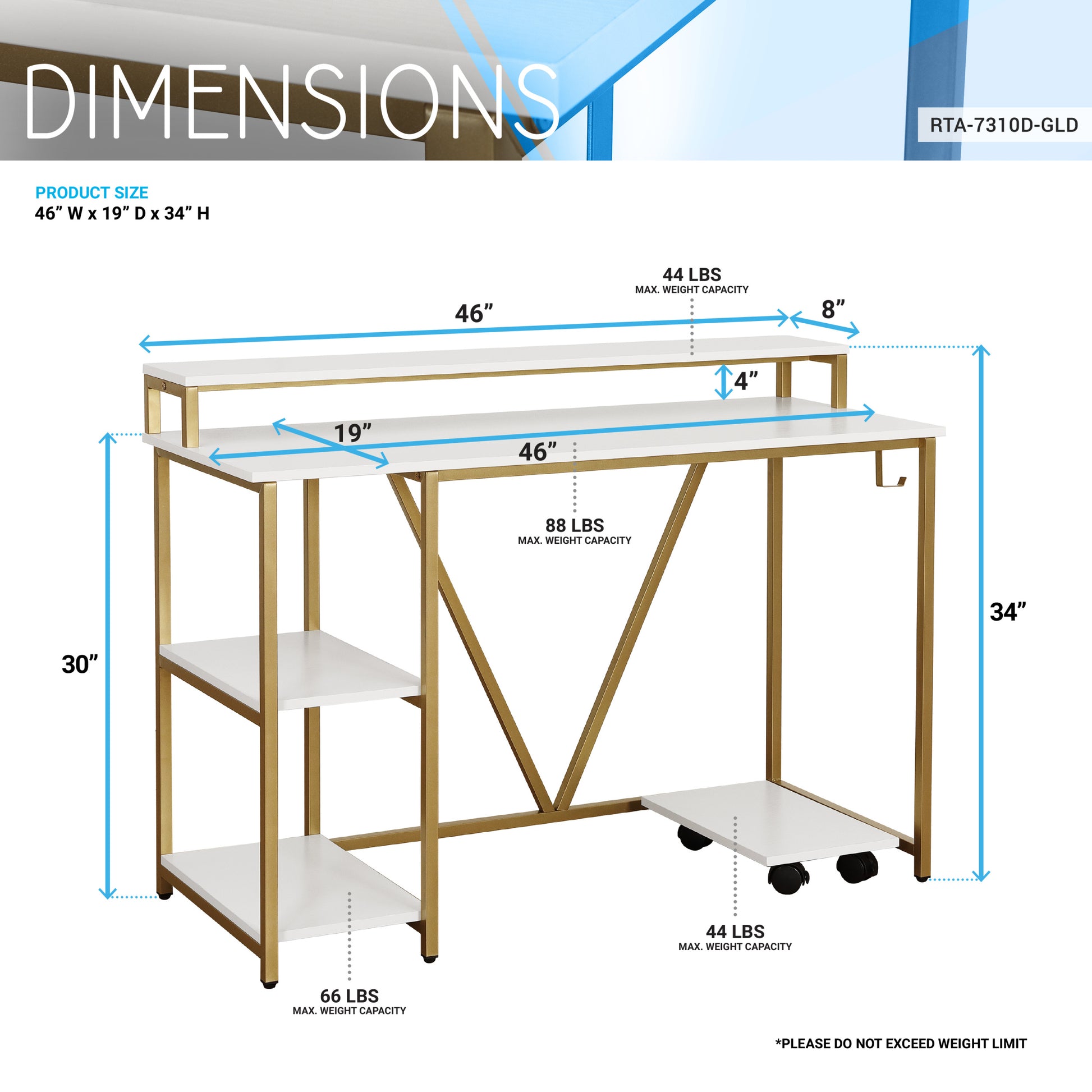 Techni Mobili Industrial Writing Desk, Gold Gold Computer Desk Office Modern Rectangular Rectangular Engineered Wood