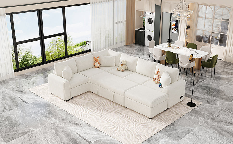 112.2" Sectional Sofa Pull Out Sofa Bed Sleeper With A Storage Ottoman,Three Pillows And Charging Devices For Living Room, Cream Cream Foam Chenille 6 Seat