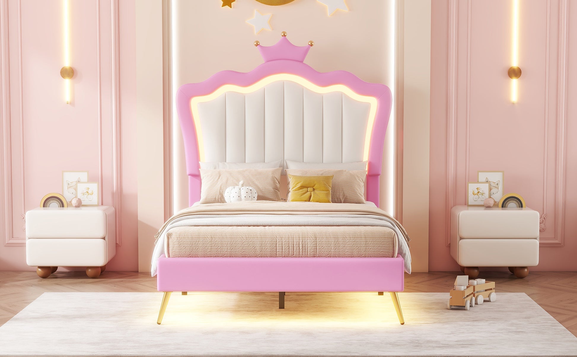 Twin Size Upholstered Bed Frame With Led Lights, Modern Upholstered Princess Bed With Crown Headboard, Pink White Box Spring Not Required Twin Pink White Wood Bedroom Modern Bed Frame Pu