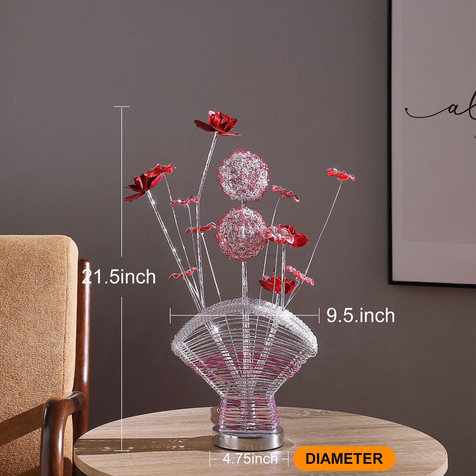 Aluminum 4 Red Roses 6 Petal Floral 2 Red Silver Flower Bud On A Fan Aluminum Vase Table Lamp For Living Room, Nightstand Bedside Table Lamp For Bedroom, Led Lamp Multicolor Aluminium