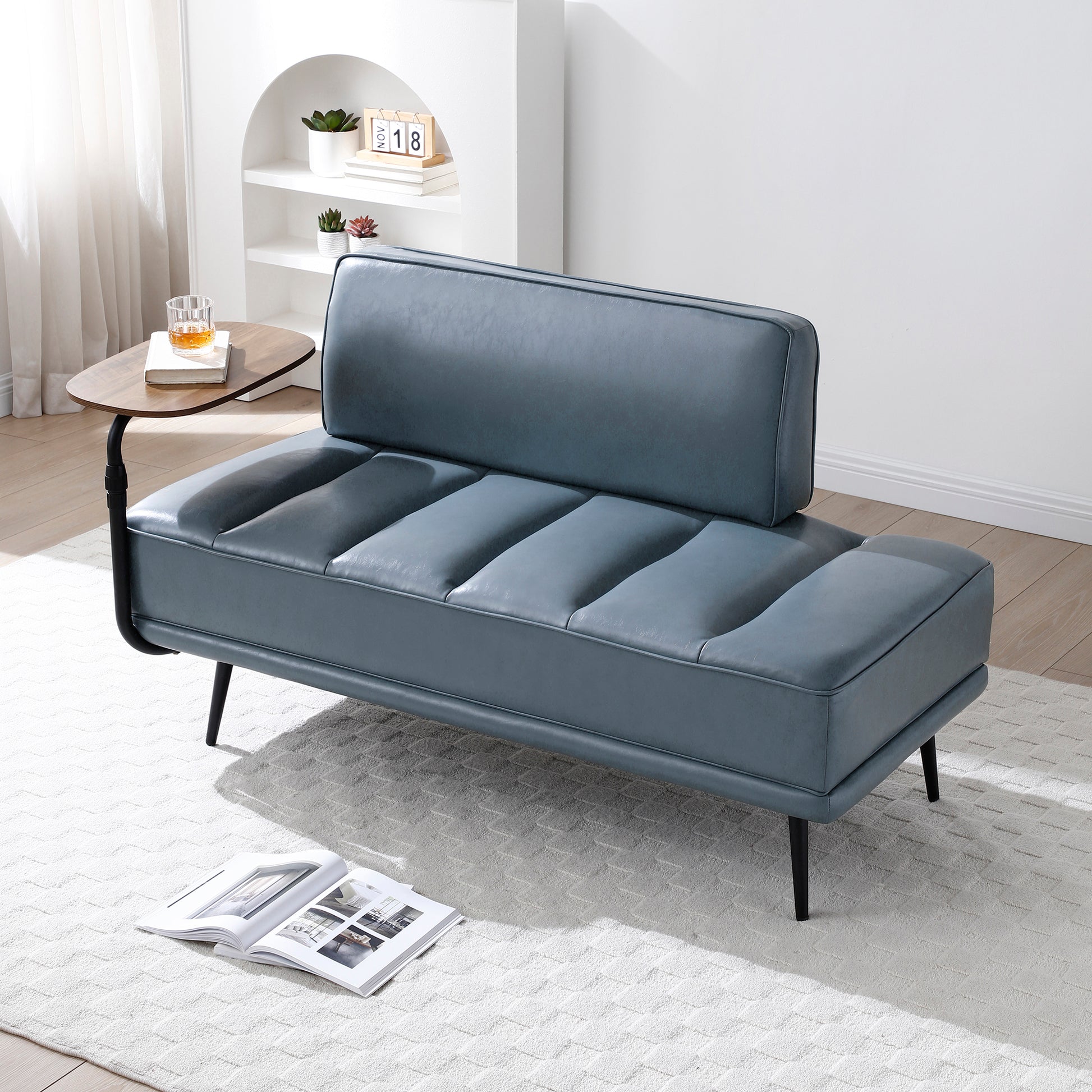 55"Inch Width Modern End Of Bed Bench,Grey Faux Leather Upholstered With Side Table, 360 Degree Swivel Tray Couch,Entryway Ottoman,Window Bench With Metal Legs For Bedroom, Living Room Grey Faux Leather Wood Primary Living Space Modern Foam Pu Leather 2