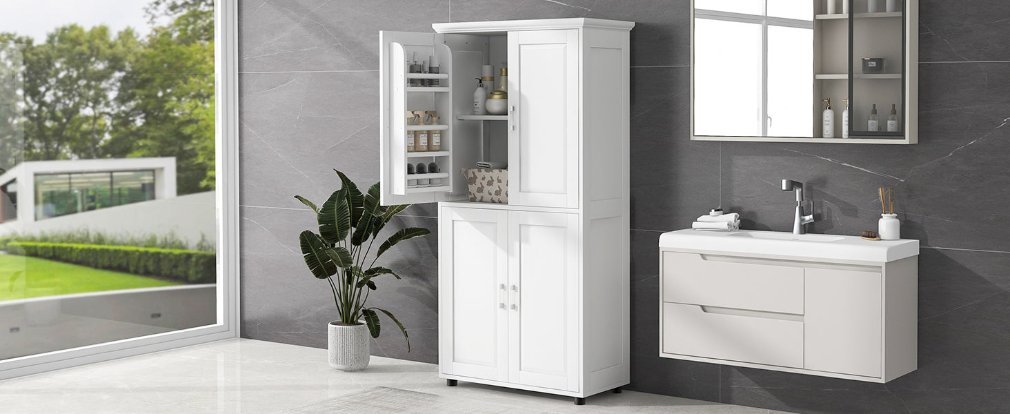 Tall And Wide Bathroom Floor Storage Cabinet, Bathroom Storage Unit, Freestanding Cabinet With 4 Doors, Adjustable Shelves, White White Mdf