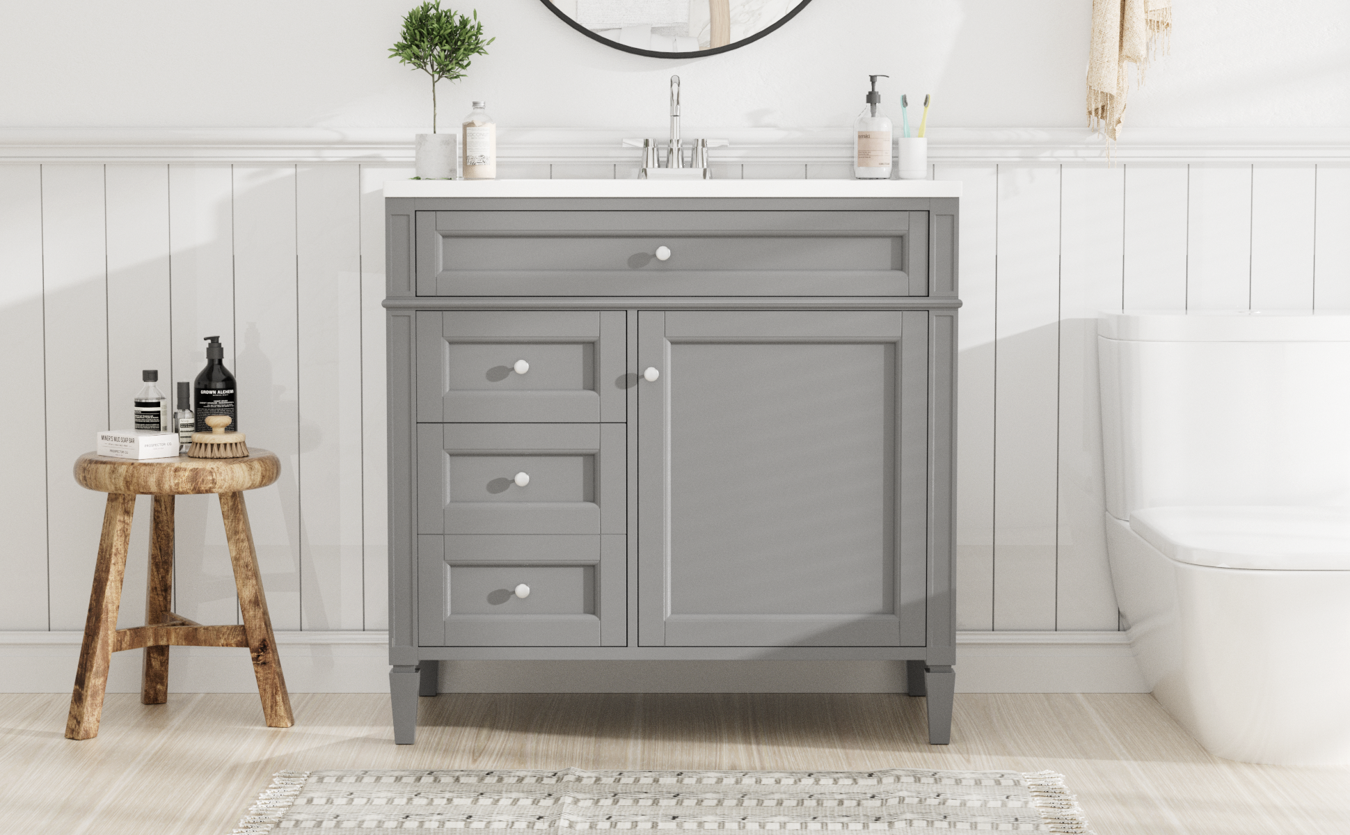 36'' Bathroom Vanity With Top Sink, Modern Bathroom Storage Cabinet With 2 Drawers And A Tip Out Drawer, Single Sink Bathroom Vanity Grey Bathroom Solid Wood Mdf Ceramic,Solid Wood Mdf