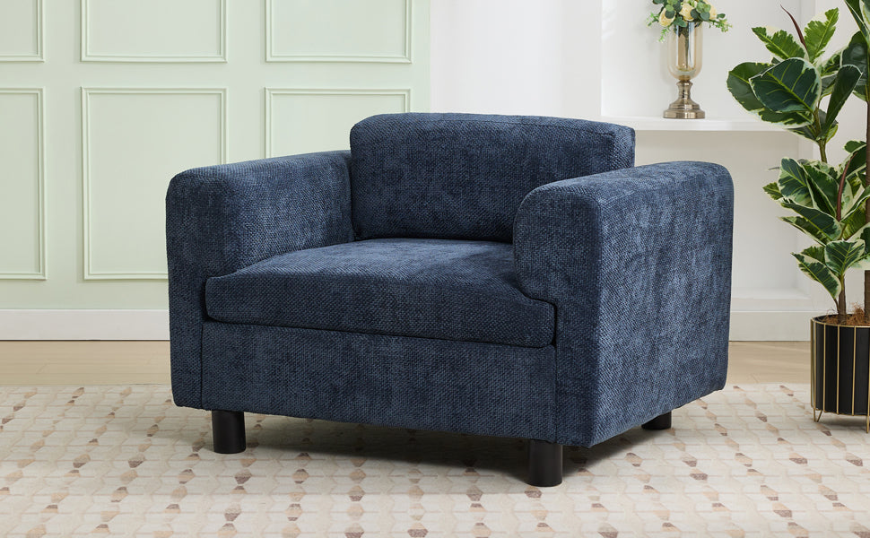 Modern Oversized Armchair Comfy Accent Chair Single Sofa For Living Room Bedroom Office Apartment, Woven Velvet Fabric, Blue Blue Wood