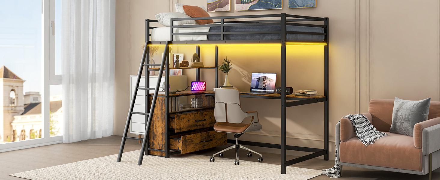 Twin Size Metal&Wood Loft Bed With Desk And Shelves, Two Built In Drawers, Led Light And Usb Charging Station, Black Twin Black Metal & Wood