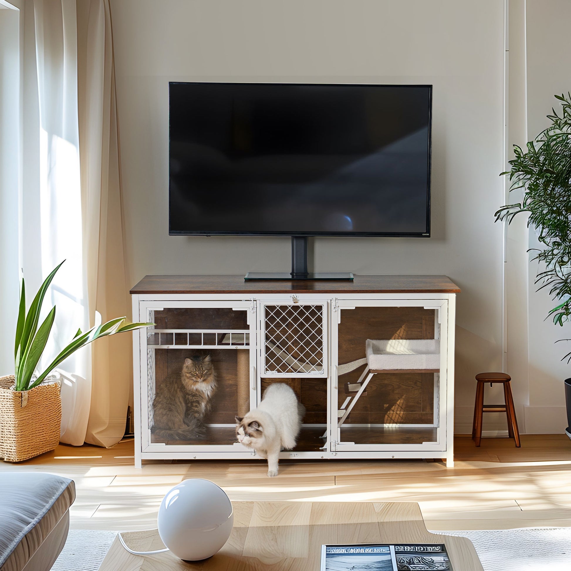 Wooden Cat House, Cat Villa, Cat Cages Indoor, Tv Stand With Cat House White Vintage American Design Cat Particle Board