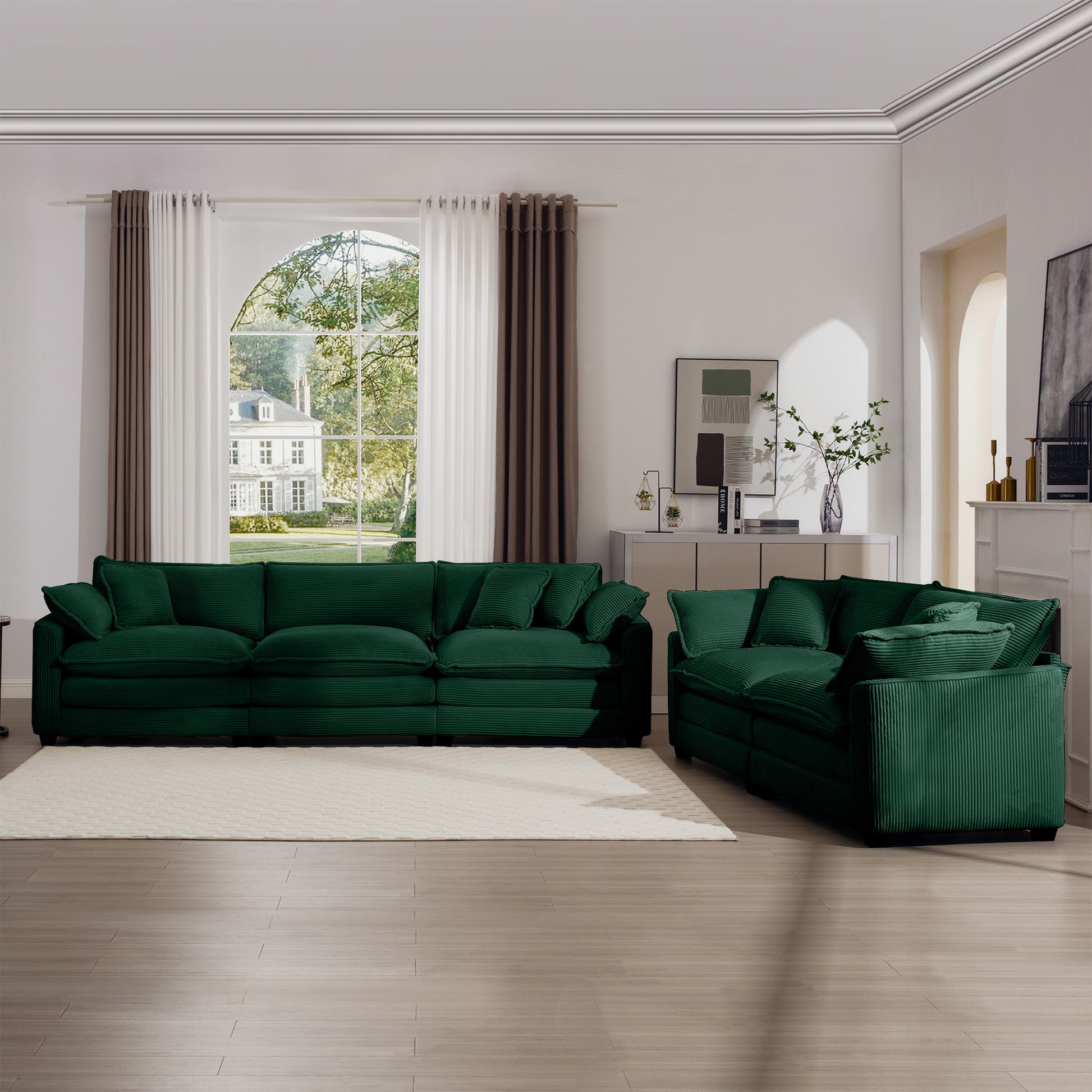 Modern Fabric Living Room Sofa Two Piece Set, Two 2 Seater Sofas With 8 Cushion Upholstery Large Deep Seat Recliner, Green Corduroy Fabric Green Corduroy 5 Seat
