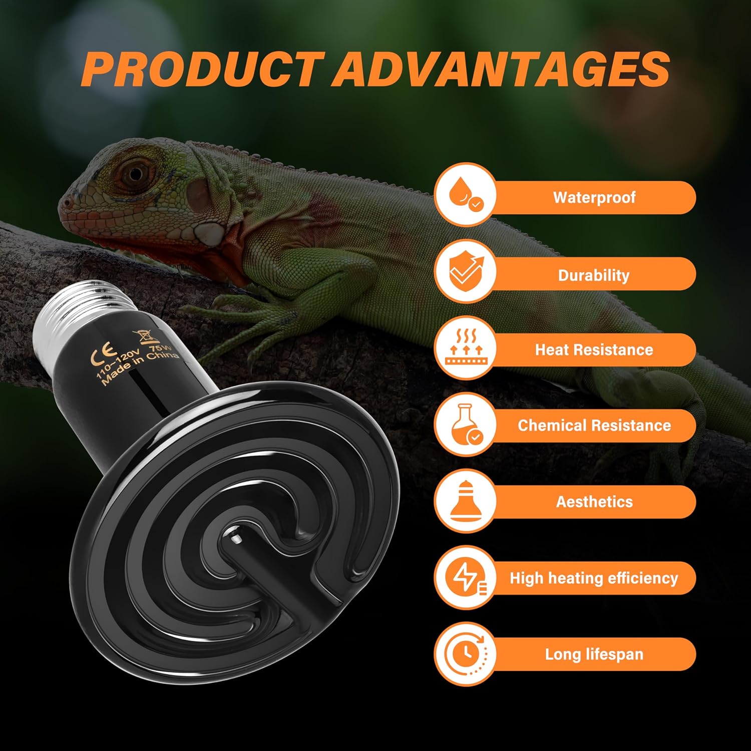 75W Ceramic Heat Emitter 2 Pack, Reptile Heat Lamp No Light Emitting Heat Bulbs For Amphibian Terrarium, Bearded Dragon Lizard Snake Turtle, Brooder Coop Incubating Chicken Black Ceramic