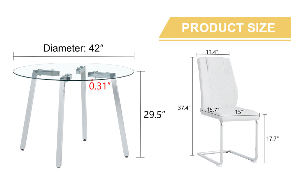 Table And Chair Set.A Modern Minimalist Style Round Clear Tempered Glass Table With Silver Metal Legs.Paried With 4 Chairs With Modern Pu Leather High Back Upholstered And C Tube Chrome Legs. Silver,White Seats 4 Glass Metal