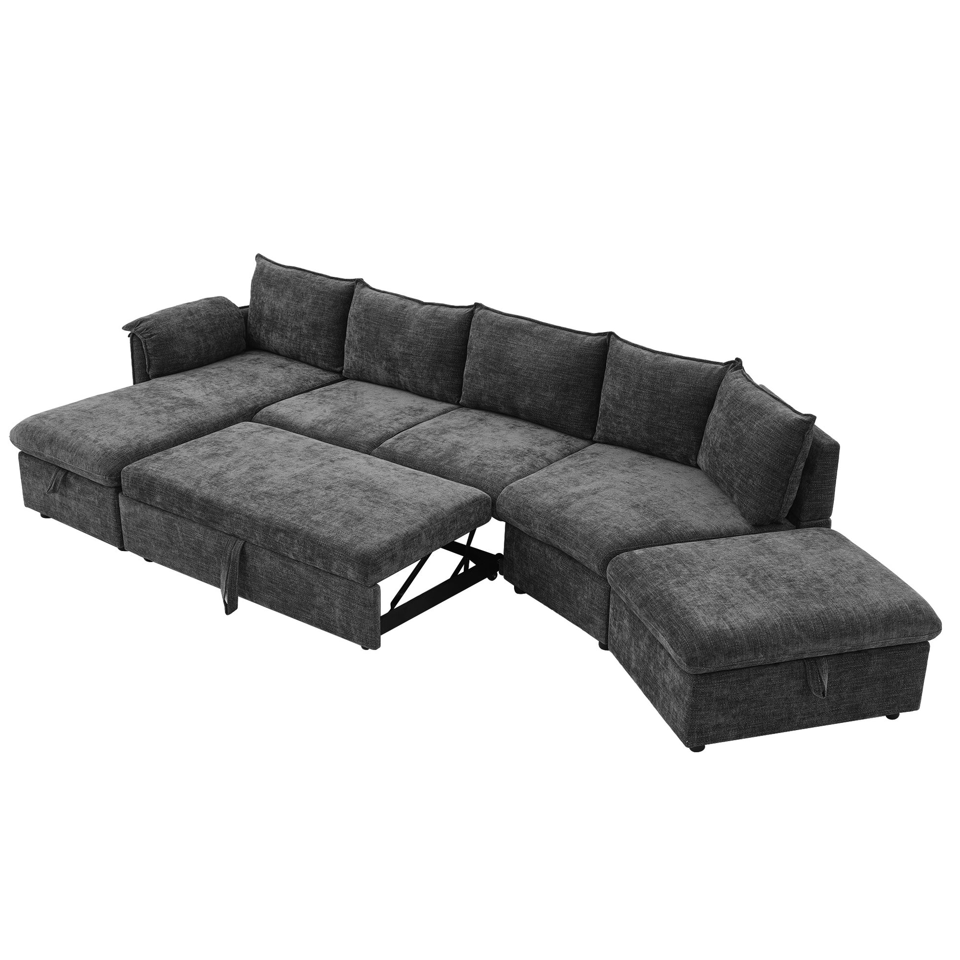 146.9" L Shaped Sofa Sectional Sofa Couch Pull Out Sofa Bed With A Movable Storage Ottoman, A Storage Chaise Lounge And Two Usb Ports For Living Room, Grey Grey Foam Linen 5 Seat