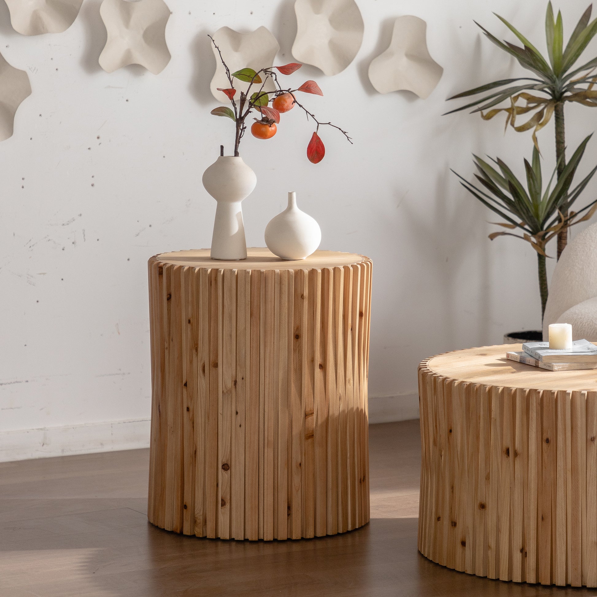 Retro Fashion Style Cylindrical Coffee Table With Vertical Texture Relief Design,Suitable For Living Room,Office,And Dining Room Set Of 2 Natural Mdf