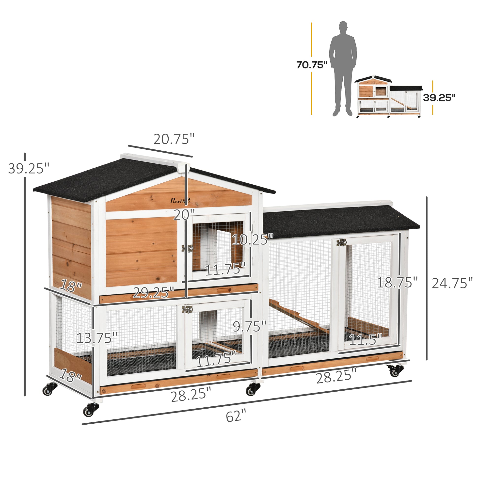 Pawhut 62" Rabbit Hutch, Wooden Bunny Hutch, Guinea Pig Cage, Small Animal Enclosure With Wheels, Run Area, Removable Tray, Asphalt Roof, Lockable Doors And Ramp, Nature Wood Natural Wood Wood