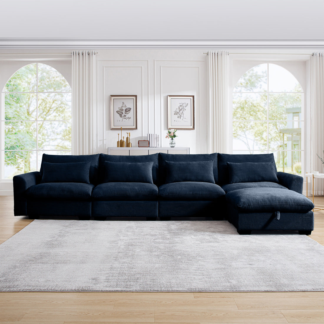 Large L Shape Sectional Corduroy Sofa,Deep Seat Couch With Storage Footstool And 4 Waist Pillows, Blue Blue Corduroy 4 Seat