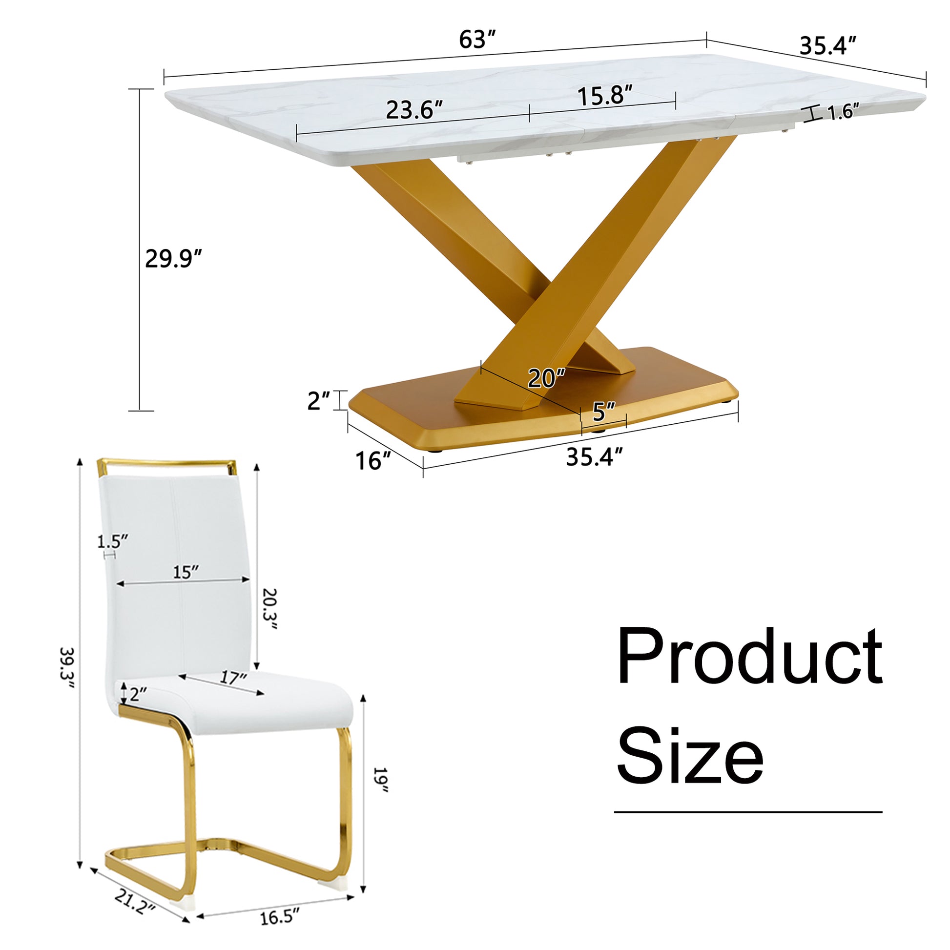 Table And Chair Set, The Table Is Equipped With A Marble Patterned Mdf Tabletop And Gold Table Legs.The Chair Is Equipped With Pu Synthetic Leather High Back Cushion And Gold Coated Metal Legs. Gold White Seats 4 Mdf Metal