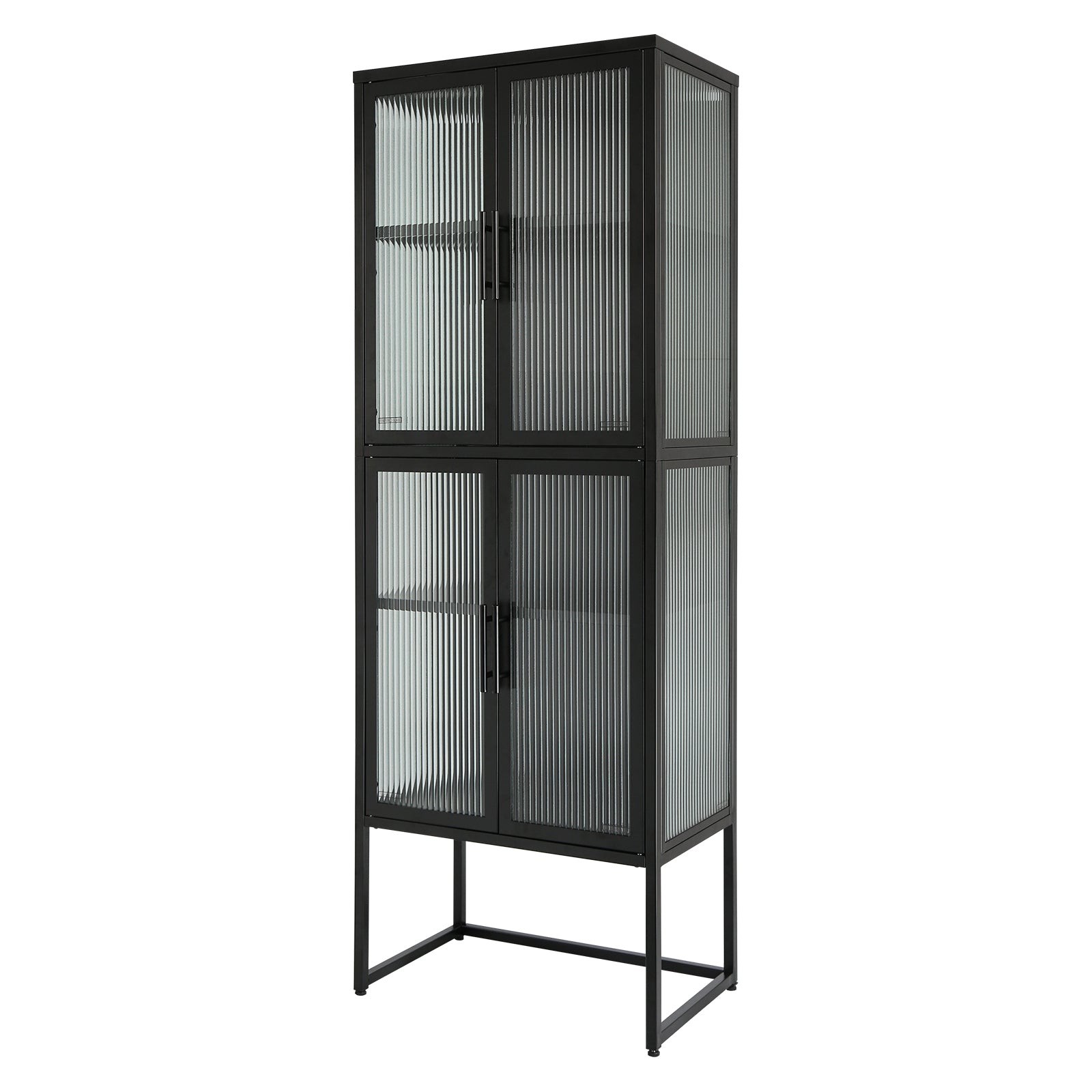 Stylish 4 Door Tempered Glass Cabinet With 4 Glass Doors Adjustable Shelves U Shaped Leg Anti Tip Dust Free Fluted Glass Kitchen Credenza Black Black Tempered Glass Sheet Metal Plastic