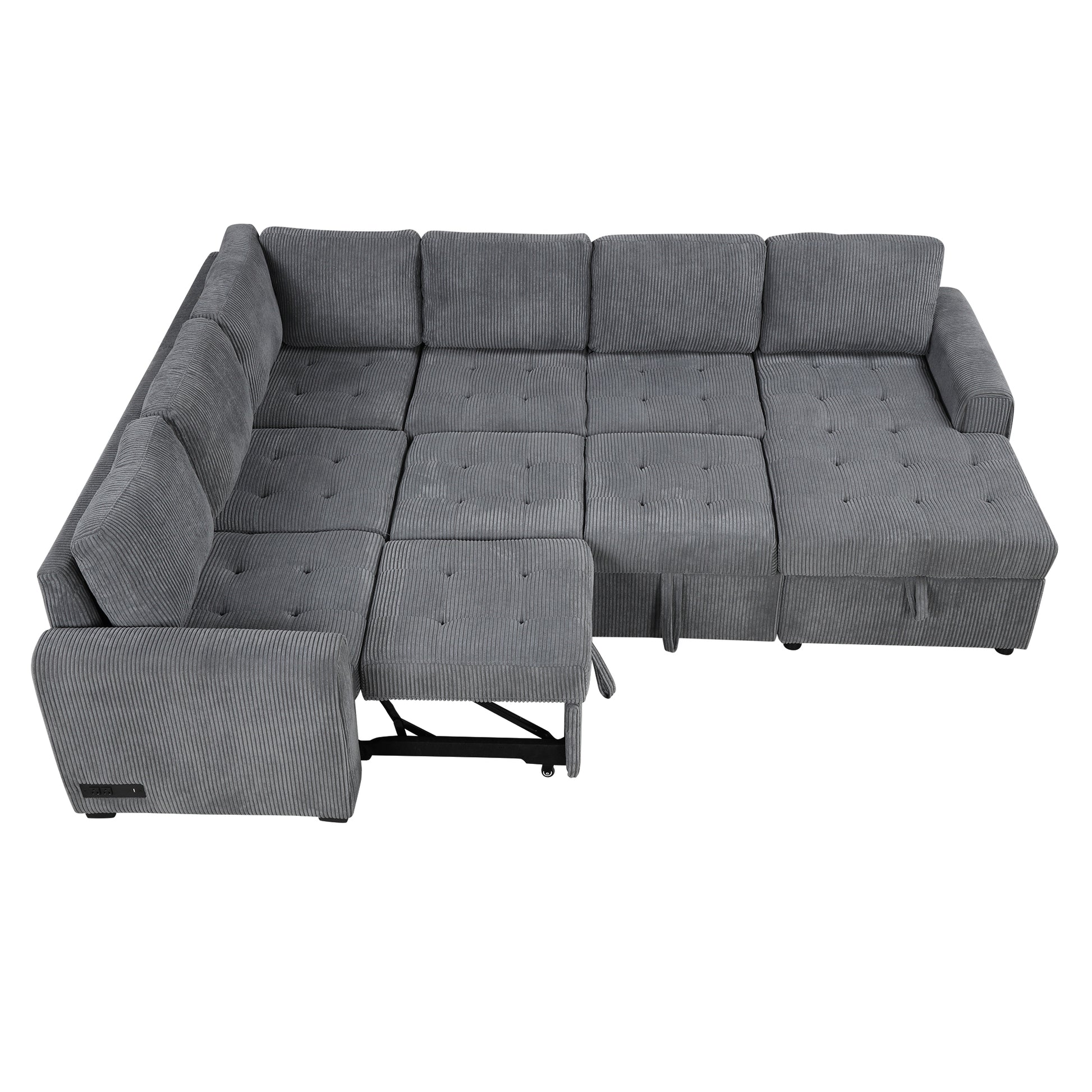 107.5" U Shaped Sofa Sectional Sofa Pull Out Sofa Bed With A Storage Chaise Lounge, Charging Devices For Living Room, Gray Gray Foam Corduroy 5 Seat