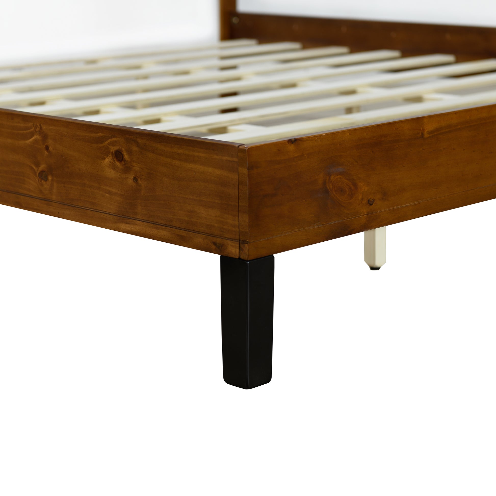 Mid Century Modern Solid Wood Bed Frame Queen Size Platform Bed With Three Piece Headboard Design, No Box Spring Needed, Brown Queen Brown Pine