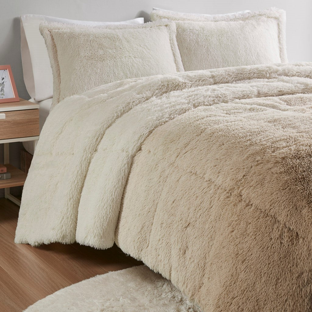 Ombre Shaggy Long Fur Comforter Mini Set King Natural Polyester