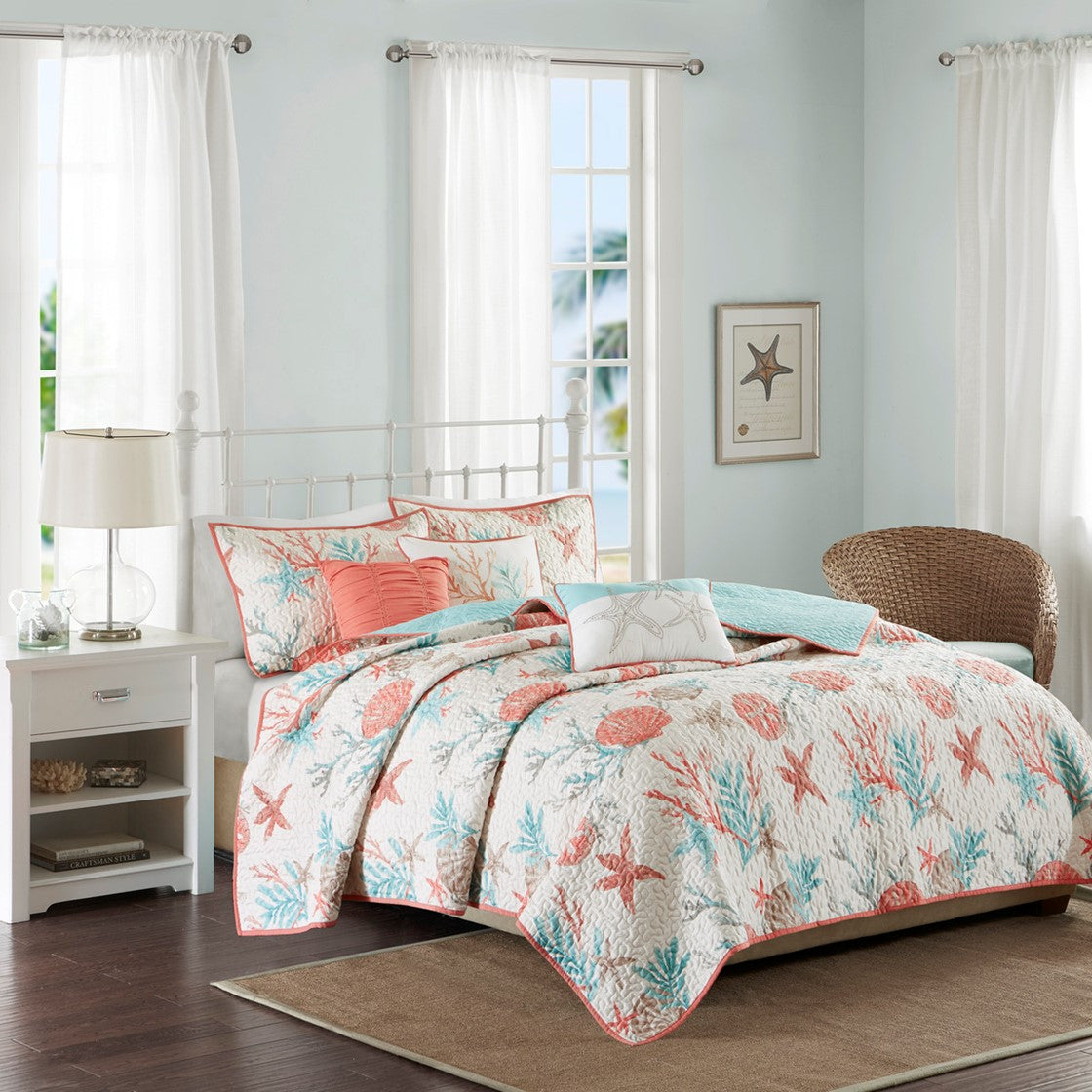 6 Piece Cotton Sateen Quilt Set With Throw Pillows Coral King Cal King King Coral Cotton