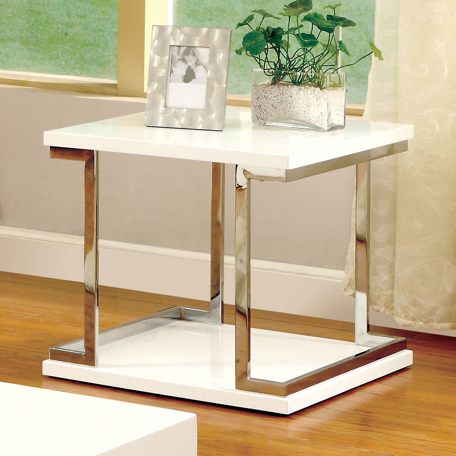 Contemporary Style White 1Pc End Table Bottom Shelf High Gloss Lacquer Coating Chrome Frame Accents Living Room Furniture White Primary Living Space Antique,Classic,Contemporary,Modern,Transitional Open Storage Rectangular Coffee & End Tables Metal