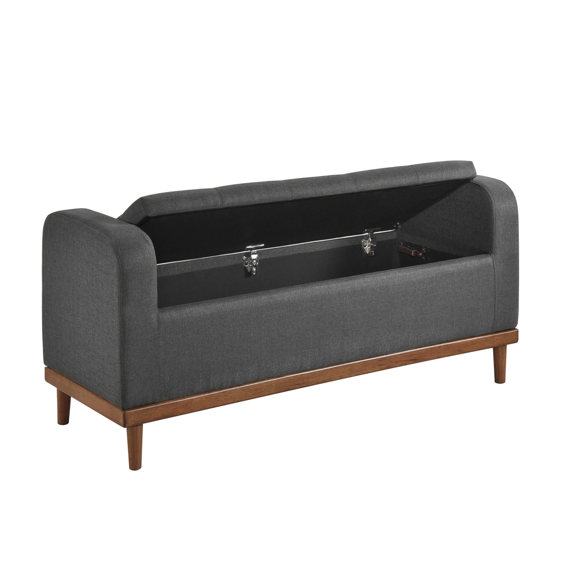 Mid Century Modern Lift Top Storage Bench 1Pc Tufted Dark Gray Upholstered Solid Wood Walnut Finish Wooden Furniture Dark Gray Bedroom Mid Century Modern Flip Top Wood